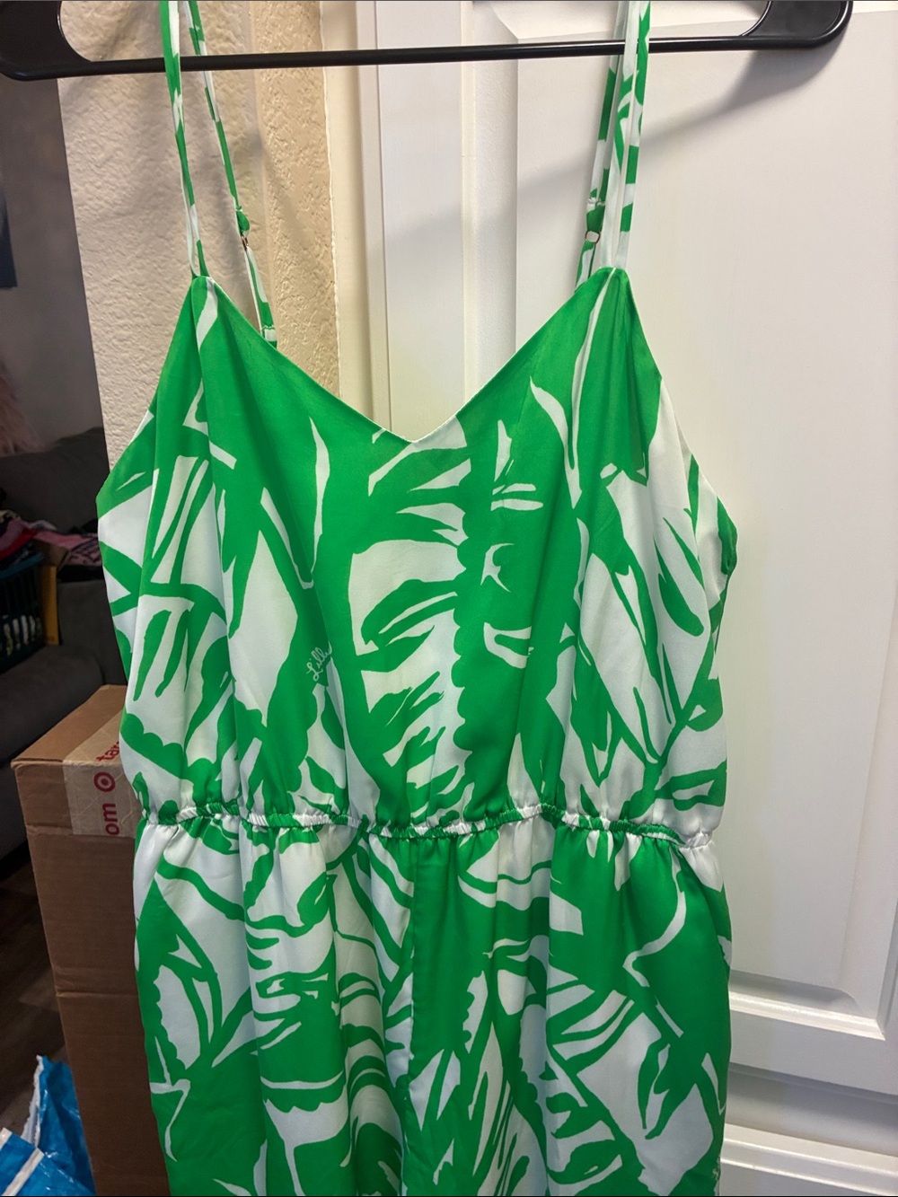 Lilly Pulitzer for Target Green & White Palm-Print Wide-Leg Jumpsuit w/ pockets - Picture 4 of 13